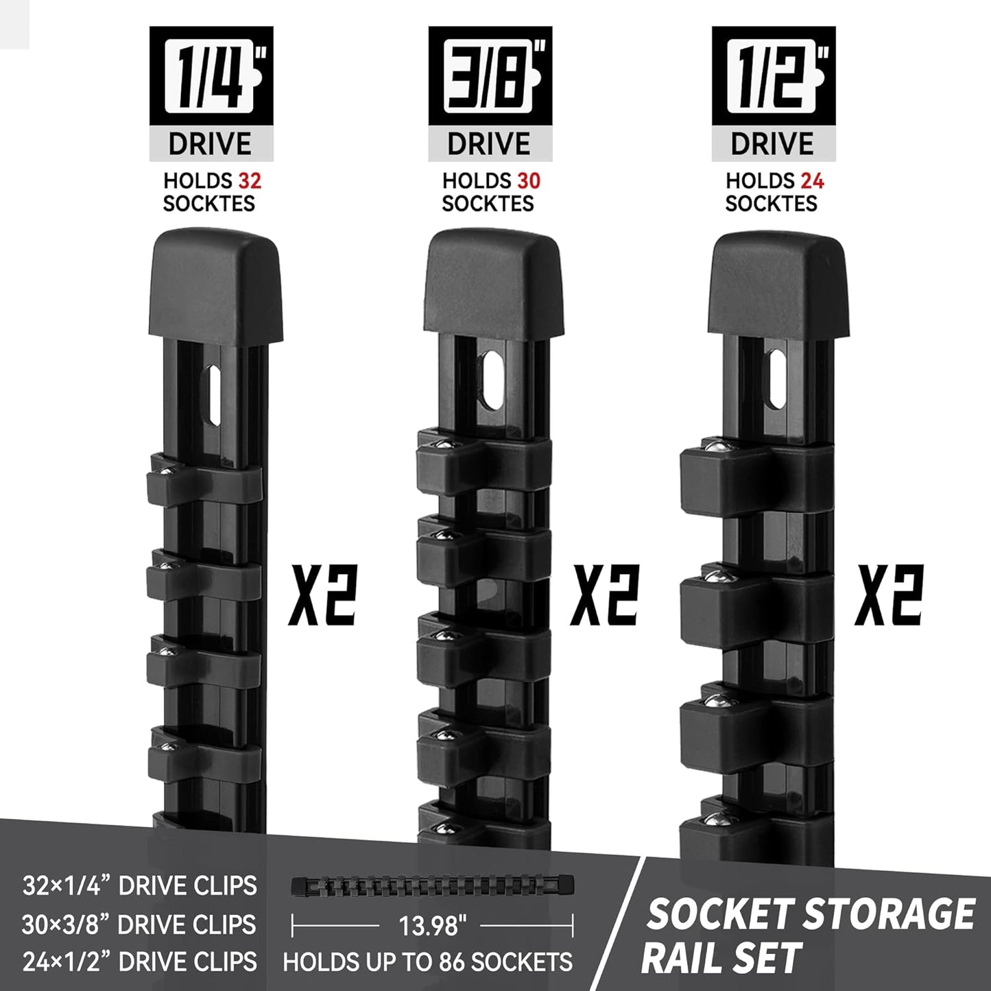Socket Organizer Drive ABS Tools - Black Socket Holder, Premium Quality 6 Pieces Socket Holders Kit 1/4-Inch x 32 Clips, 3/8-Inch x 30 Clips, 1/2-Inch x 24 Clips（6PC,Black)