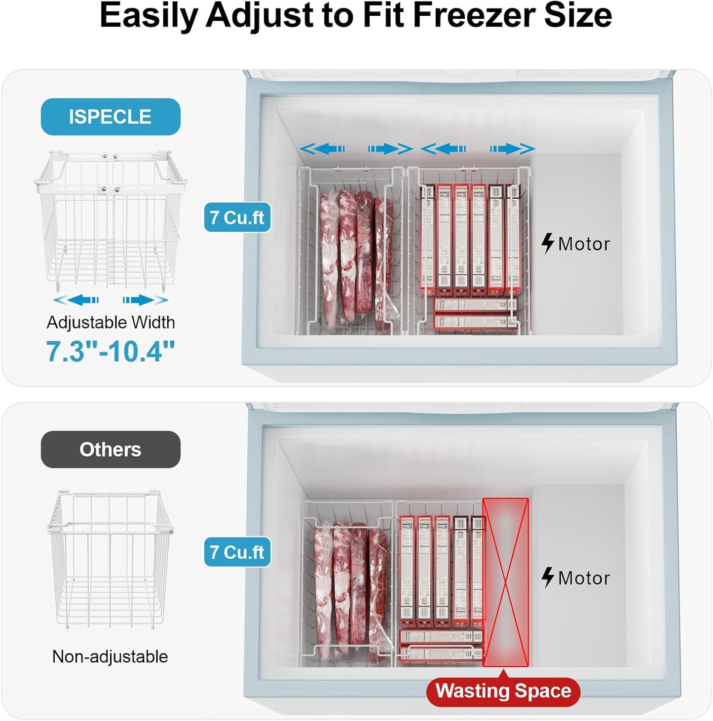 iSPECLE Freezer Organizer Bins - 2 Pcs Hanging Baskets for Deep Freezer, Adjustable Wider & Deeper Chest Freezer Organizer Bins for 5 to 9 Cu Ft, Extra Large & Easy Organize, White