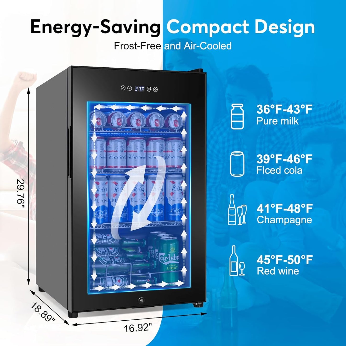 Beverage Refrigerator 17 inch Wide - 126 Can Beverage Cooler with Glass Door | Counter-Top/Freestanding Mini Beverage Beer Fridge | Temperature Memory | Invisible Door | Perfect for Soda,Beer
