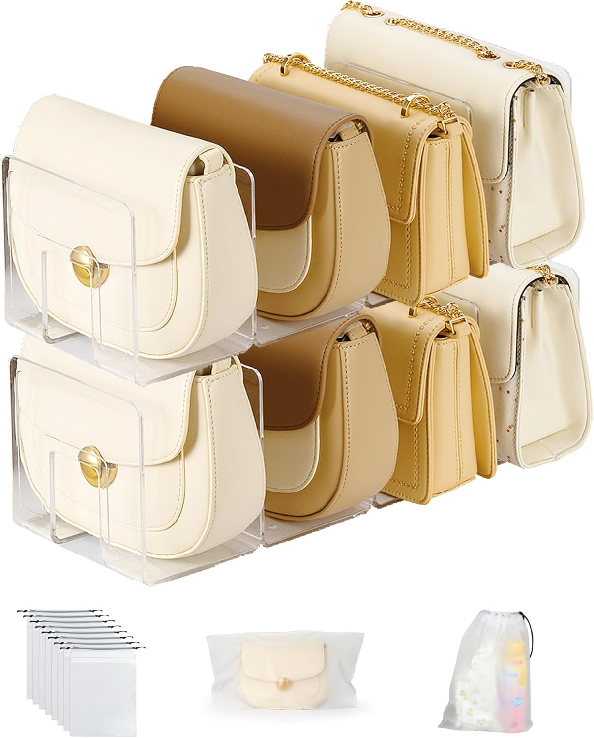 2-Pack Purse Organizers for Closet with 8 translucent Dustproof Storage Bags, Clear Acrylic 8-Slot Handbag Storage Shelf, No Assembly – Keeps Your Handbags Upright, Clear L