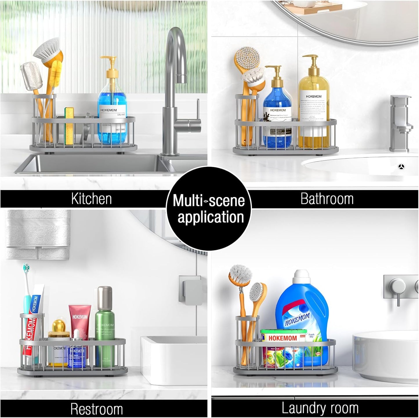 Kitchen Sink Organizer with Sponge Holder & Brush Holder - Drain-Free Non-Slip Base, 2.6mm Stainless Steel with Silver Rust-Resistant Coating - Easy Install & Clean Kitchen Sink Caddy