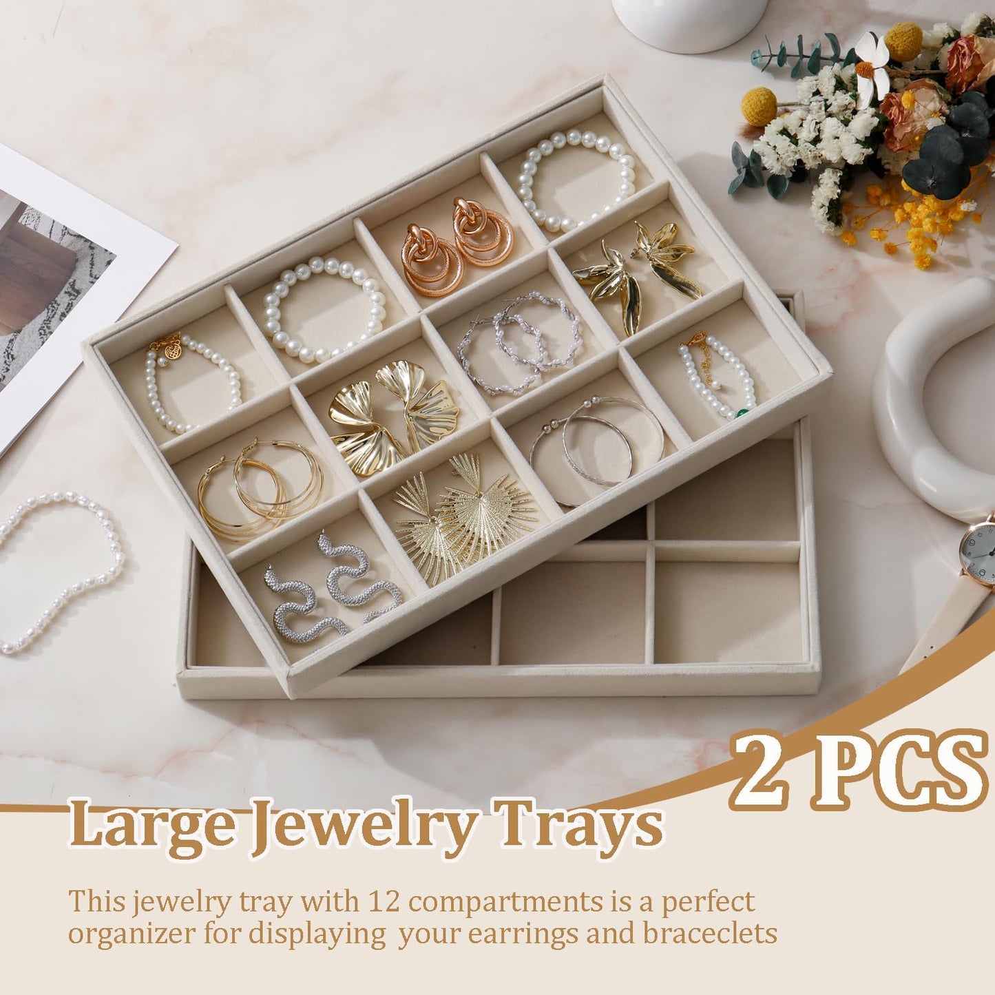 Large Velvet Jewelry Tray 2 Pack Stackable Jewelry Display Drawer Inserts Trays Organizer for Earring Bracelet Necklace Ring (Beige, 12 Grids)