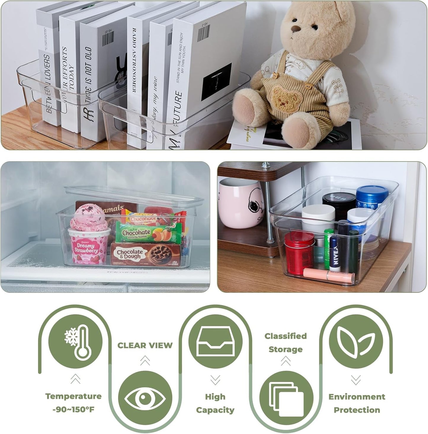 MOONEDGE Clear Plastic Storage Bins with Lids – Stackable Organizer Containers for refrigerator, Kitchen, Pantry, Bathroom, Closet, Laundry Room, Office – 4 Pack (10×6×5 in)