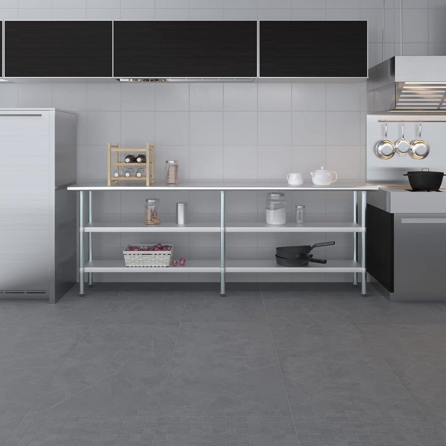 AmGood Stainless Steel Work Table with 2 Shelves | NSF | Metal Utility Table (96" Long x 18" Deep)