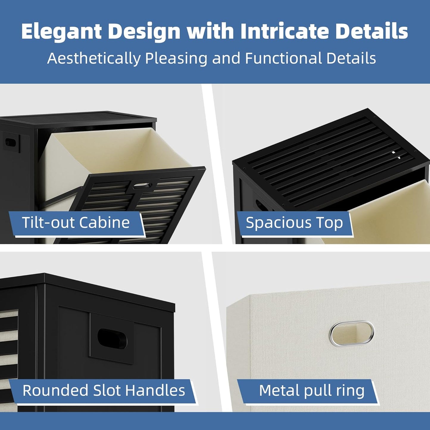 HITNET Tilt Out Laundry Hamper, Bamboo Laundry Cabinet with Pull Out Removable Bag, 16 Gallon Clothes Basket with Metal Handle for Bathroom Kitchen, Black