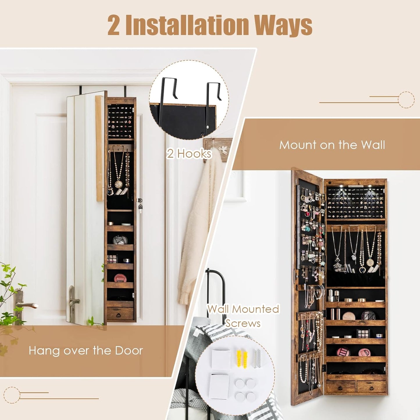 Giantex Wall Door Mounted Jewelry Armoire Cabinet with 47.5" H Full Length Mirror, 2 LEDs Lockable Jewelry Organizer Box with Bracelet Rod, 2 Drawers, Large Storage Capacity (Rustic Brown)