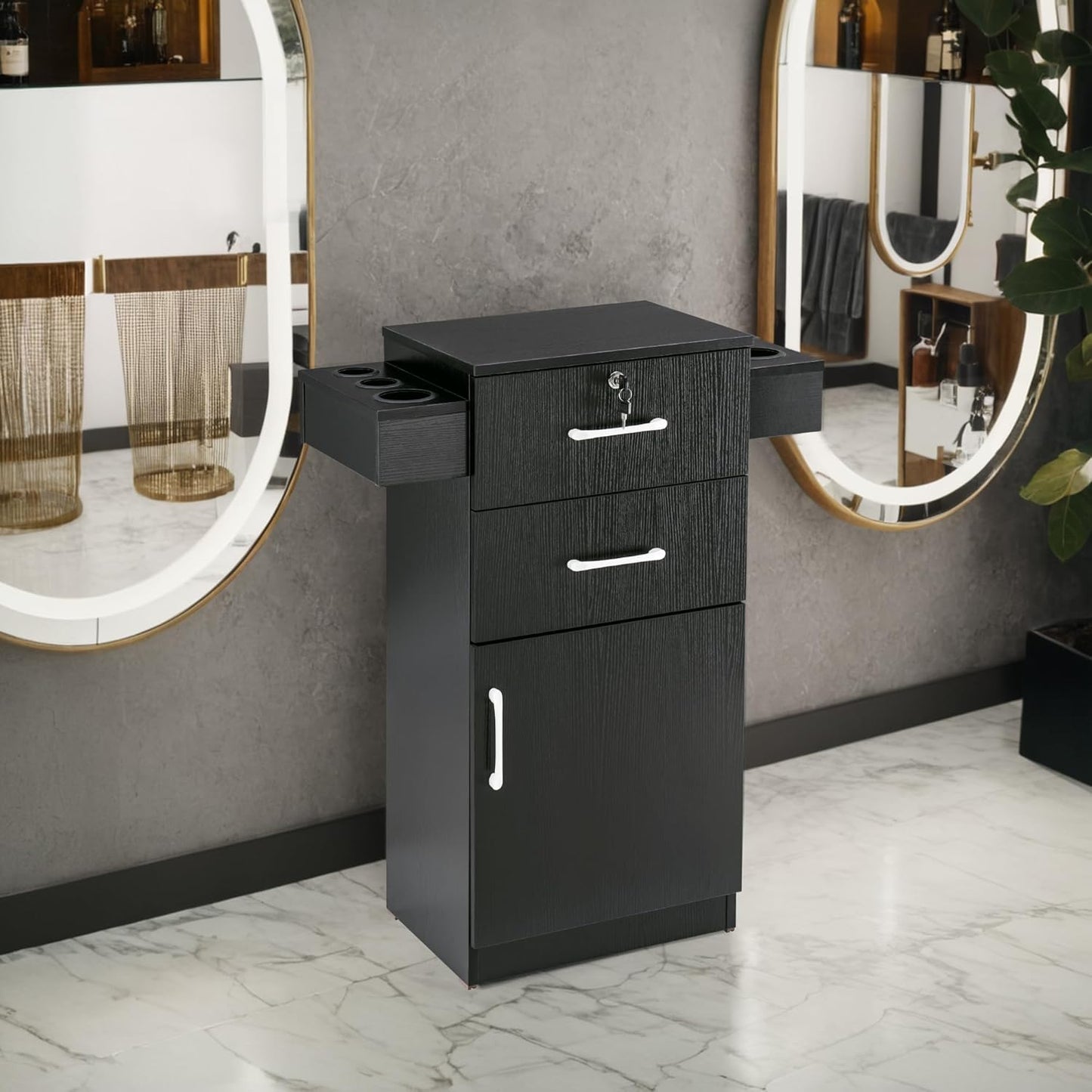 BarberPub 38"x18"x14" Locking Beauty Salon Storage Cabinet, Barber Styling Station with Nylon Hair Dryer Holder, Barber Shop Stylist Equipment with Drawers 2021 (Black)