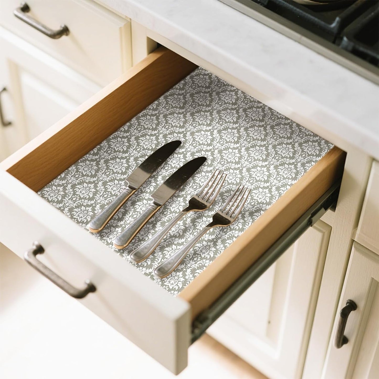 Drawer Liner and Shelf Liner for Kitchen Cabinet Liner Non-Adhesive Non-Slip Shelf Paper, Thick Strong Grip Waterproof Easy to Clean for Shelves, Cupboard, Desks, Baroque Pattern, 12 in x 10 FT