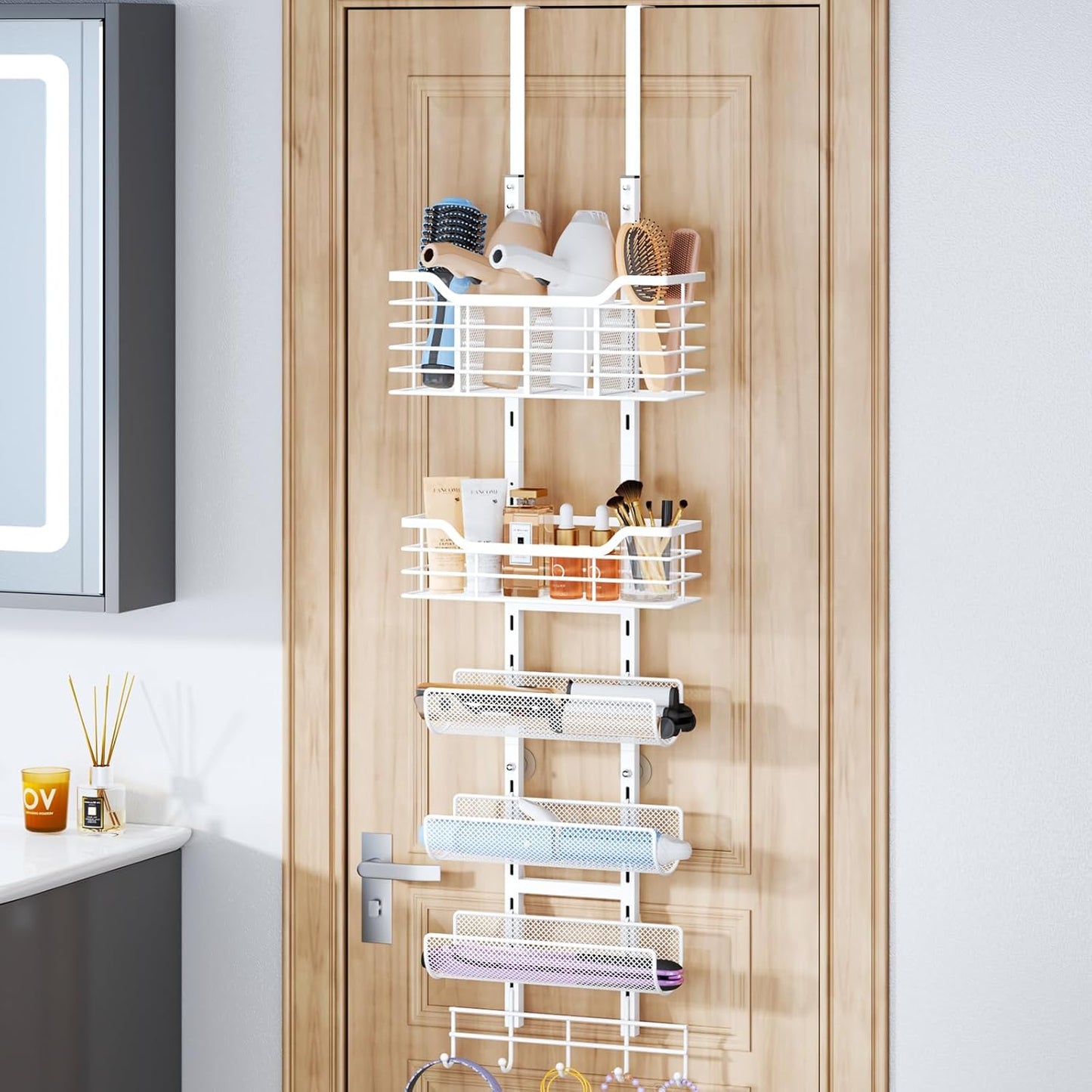 Consumest 6-Tier Hair Tool Organizer - Hair Dryer Holder Over The Door/Wall Mounted DIY Adjustable Shelf Bathroom Door Organizer with Hook for Curling Iron/Blow Dryer/Straightener White