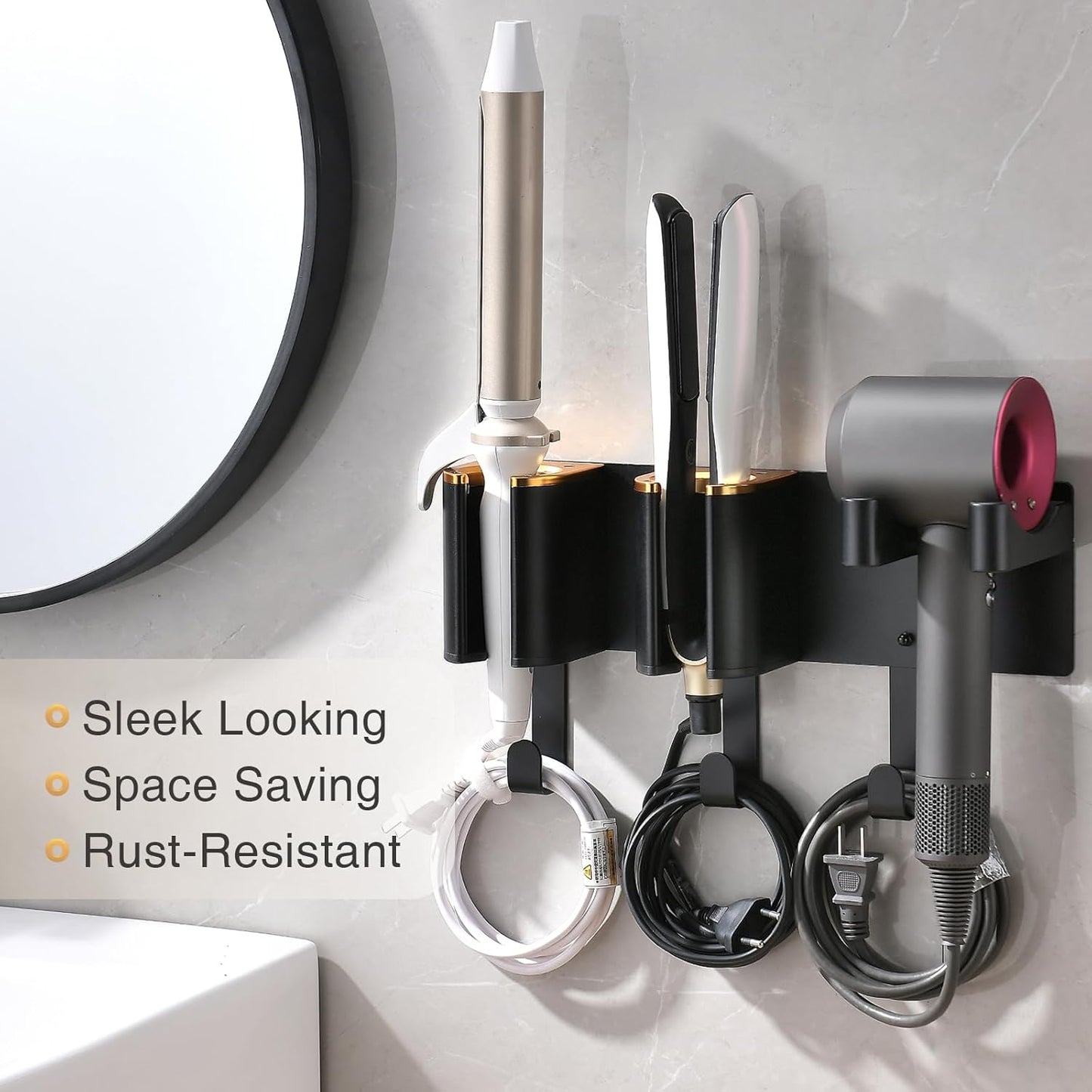 Hair Dryer Holder Wall Mount, Curling Iron Holder, 3 in 1 Hair Tool Organizer for Bathroom Vanity, Hair Straightener Holder, Aluminum Alloy (Hair Tools Not Included)