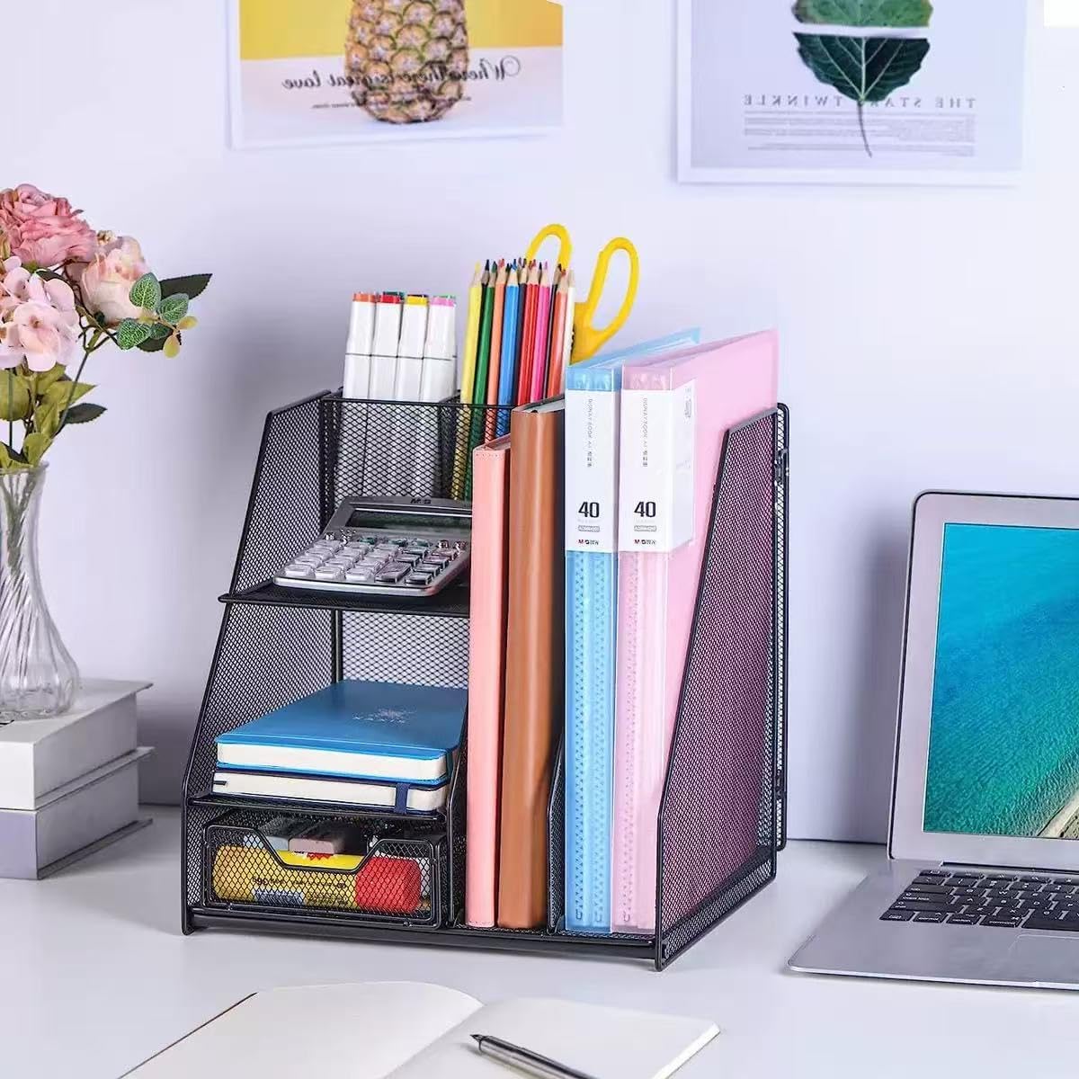 Black Mesh Desk Organizer Set, 3-in-1 Office Organizer with File Holder, Drawer & Accessories Tray, Multi-functional Desktop Storage for Stationery, Documents, Home & Office