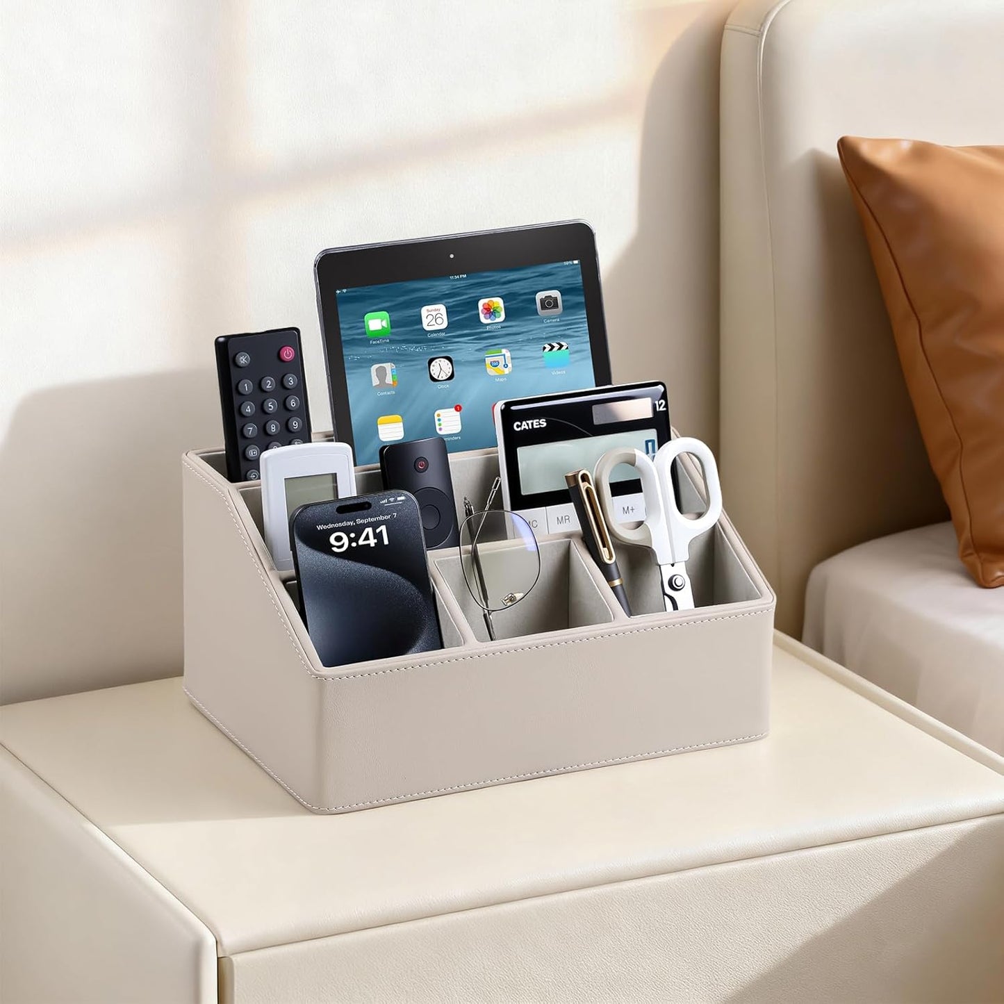 PU Leather Desk Organizer, Luxury Remote Control Holder for Home, Office Desk Accessories Table Caddy Bedside Nightstand Organizer (Dark Beige)