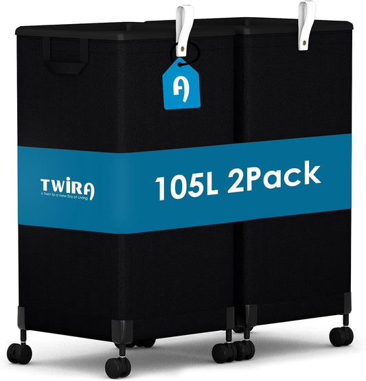 2Pcs Laundry Basket with Wheels 105L, Large Rolling Laundry Hamper with Removable Bag, Metal Frame Collapsible Dirty Clothes Bin, Cloth Organizer Hampers Pull Handle for Bathroom, Dorm, Bedroom Black