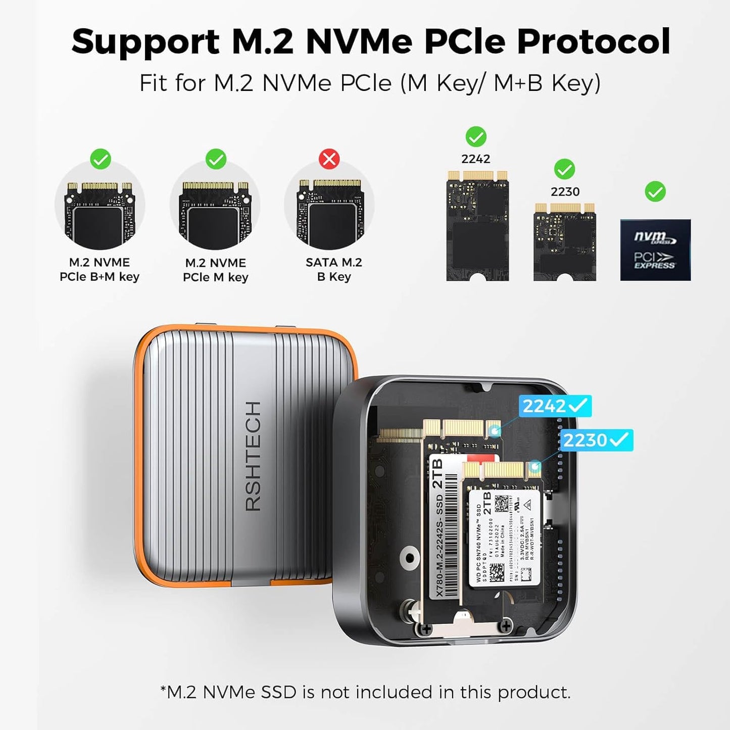 RSHTECH Magnetic M.2 NVMe SSD Enclosure 10Gbps USB C 3.2 to NVME Adapter Support PD 100W and SSD Size 2230/2242 B+M M-Key for iPhone 16 15 Pro/Pro Max/Plus ProRes, iPad Pro and More