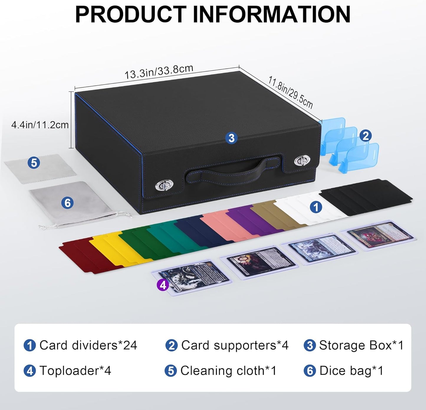 Trading Card Storage Box with Portable Handle, 3000+ MTG Storage Box with 4 Card Stoppers Commander Display Deck Box Card Case Top Loaders MTG TCG Sports Cards Commander Deck Box(Black&Blue)