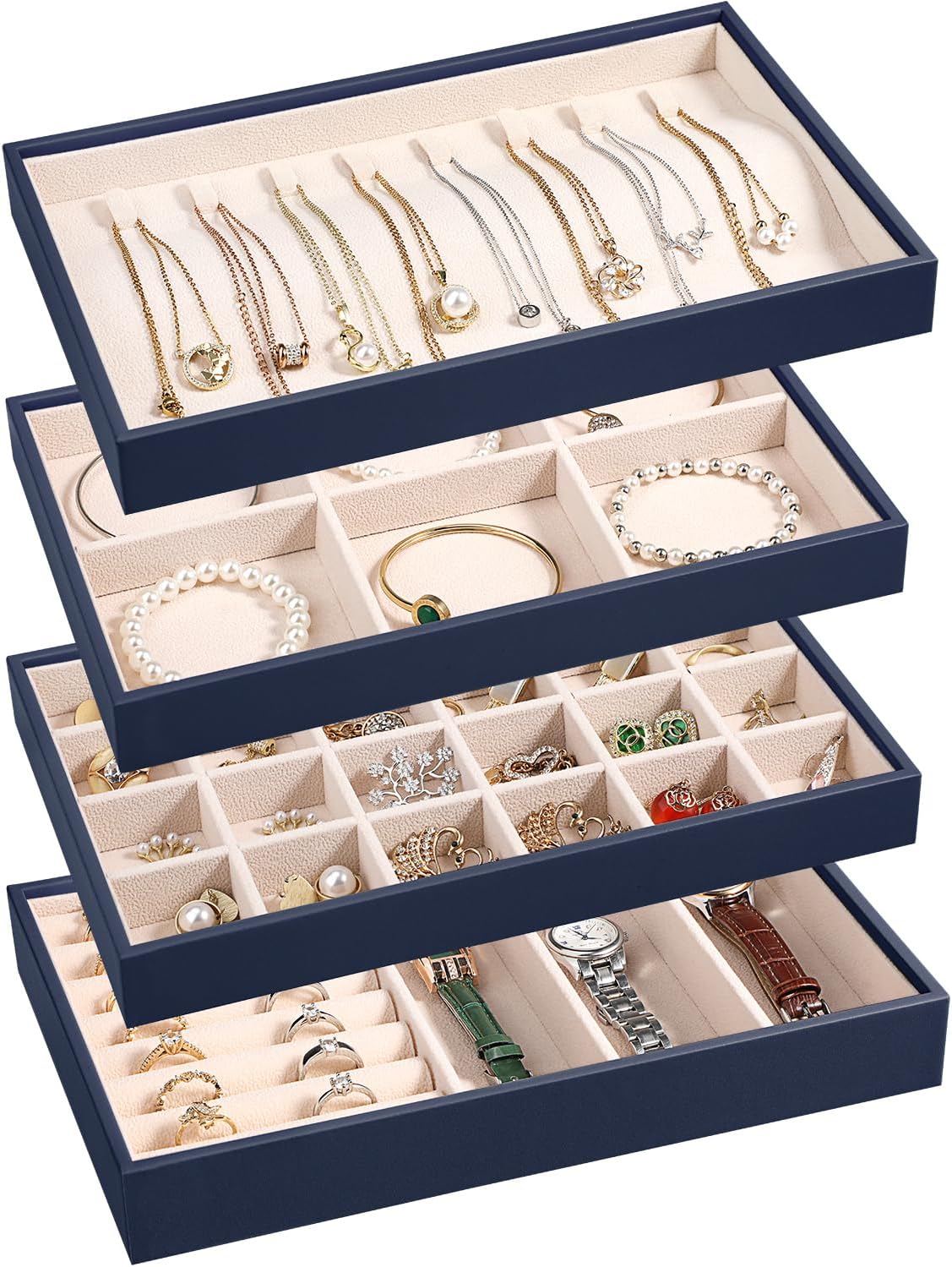 LANDICI Stackable Jewelry Organizer Trays 4 Set,PU Leather Jewelry Organizer Drawer,Jewelry Storage Display Tray for Earring Necklace Rings Bracelet with Removable Dividers,Dark Blue