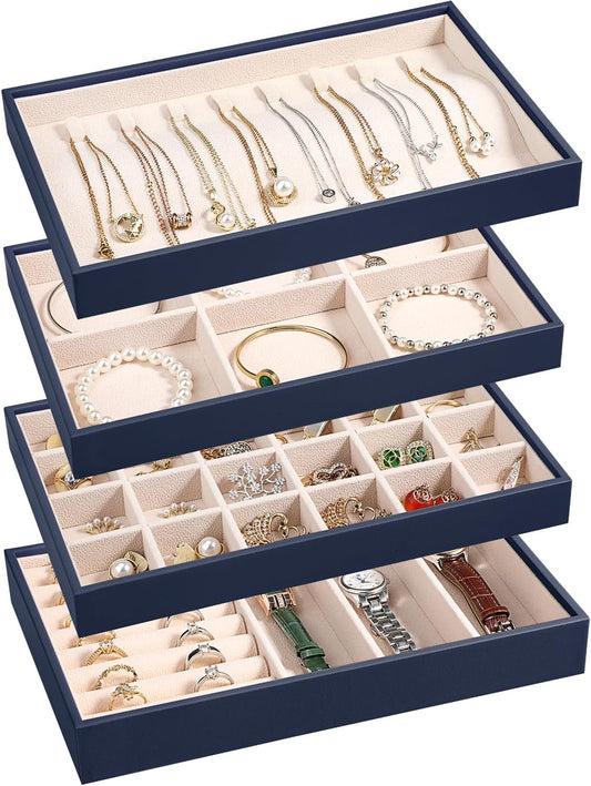 LANDICI Stackable Jewelry Organizer Trays 4 Set,PU Leather Jewelry Organizer Drawer,Jewelry Storage Display Tray for Earring Necklace Rings Bracelet with Removable Dividers,Dark Blue