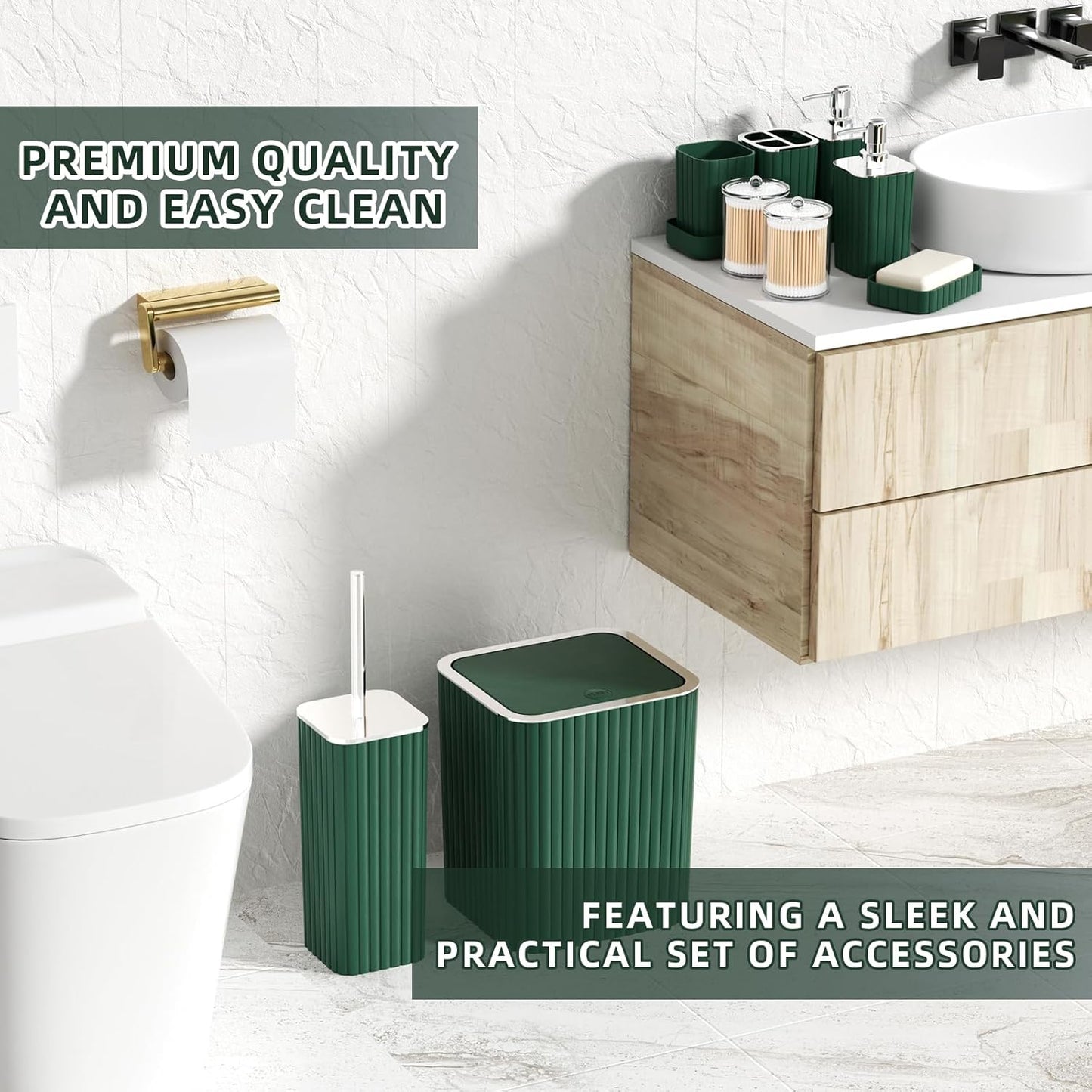 Bathroom Set- 25PC Green Bathroom Sets, Bathroom Set with Shower Curtain and Rugs, Dark Green Shower Curtain Set, Bathroom Accessories Set, Bathroom Trash Can