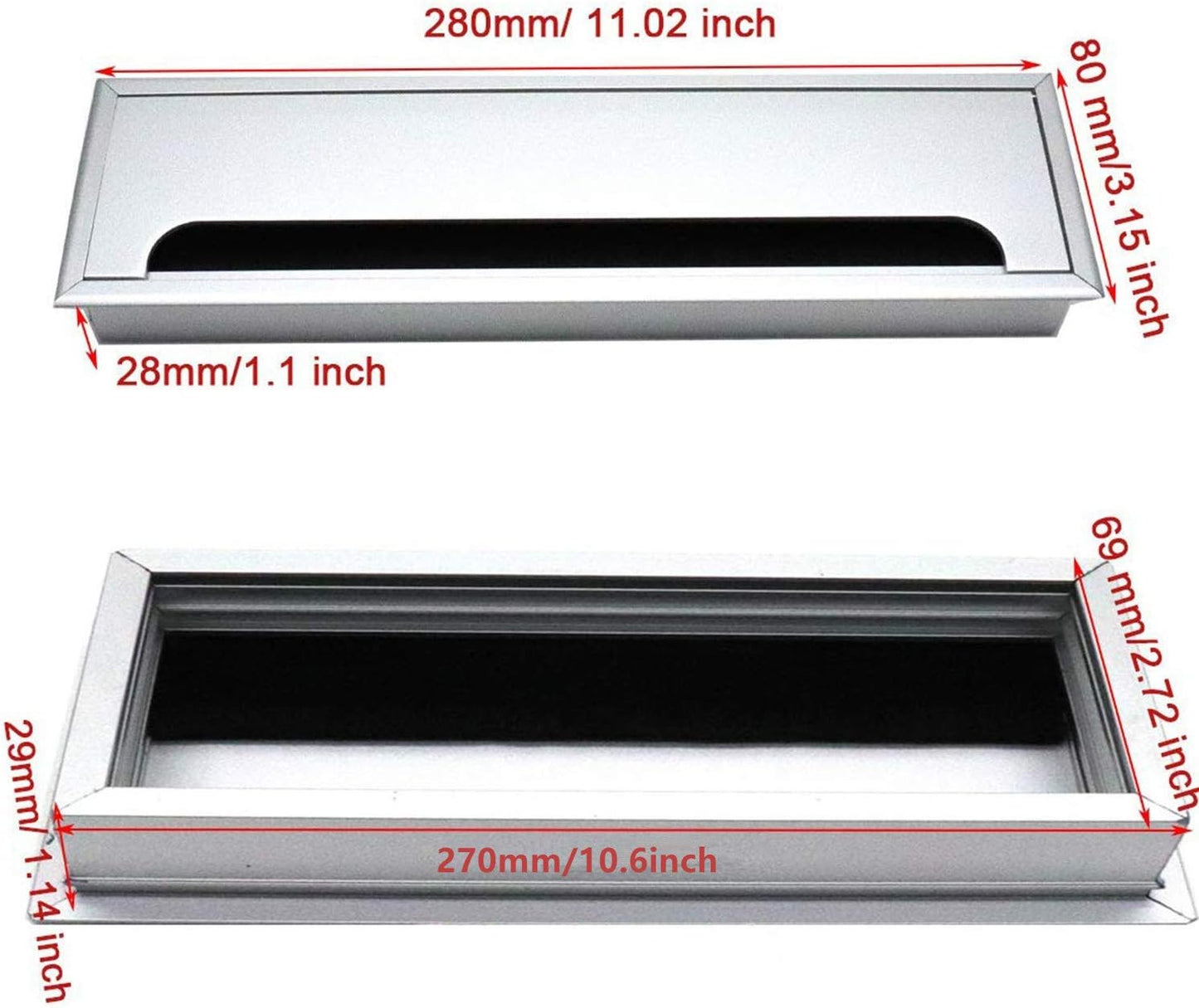 XMHF Aluminum Alloy Rectangle Wire Cable Grommet Hole Cover Cable Organizer for Office Desk Computer Desk Table 11 x 3.15 inch (280 x 80mm;Silver Tone)