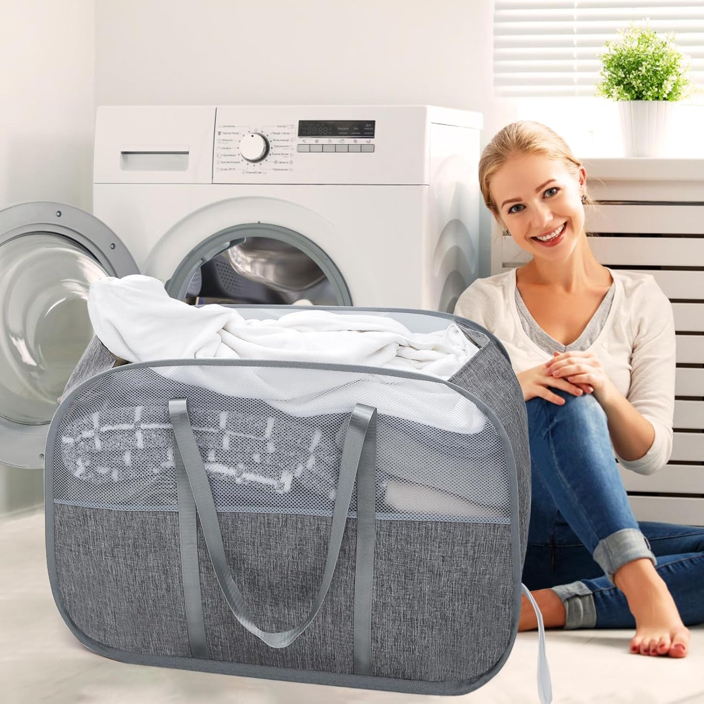 Collapsible Laundry Baskets with Easy Carry Handles, 95L Clothes Hamper for Storage, Foldable Laundry Basket Tear-proof, Large Pop Up Hampers for Laundry, Bedroom, Bathroom, Dorm Grey