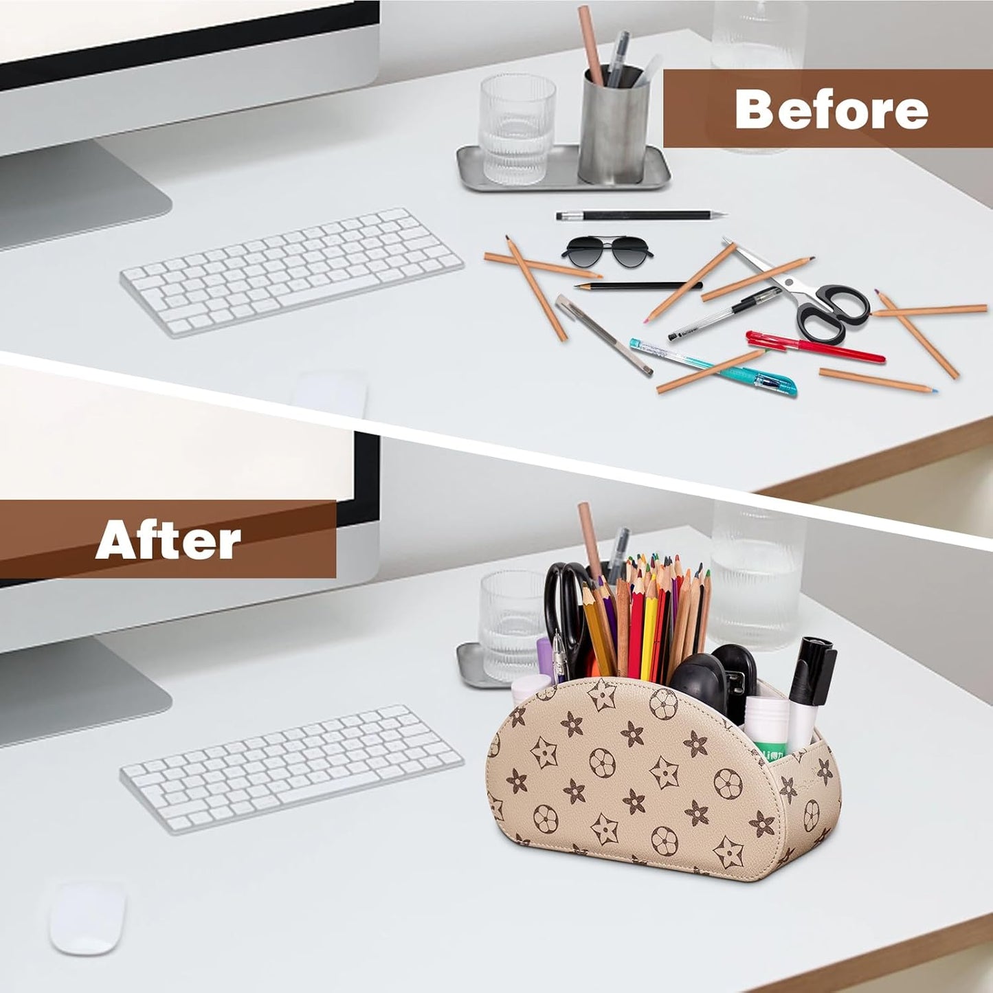 Remote Control Holders Organizer Box with 5 Compartment PU Leather Multi-functional Office Desk Storage Caddy Store Tv Remote for Media Player,Brush,Pencil,Glassees&Office Supplies (Begin+BrownF)