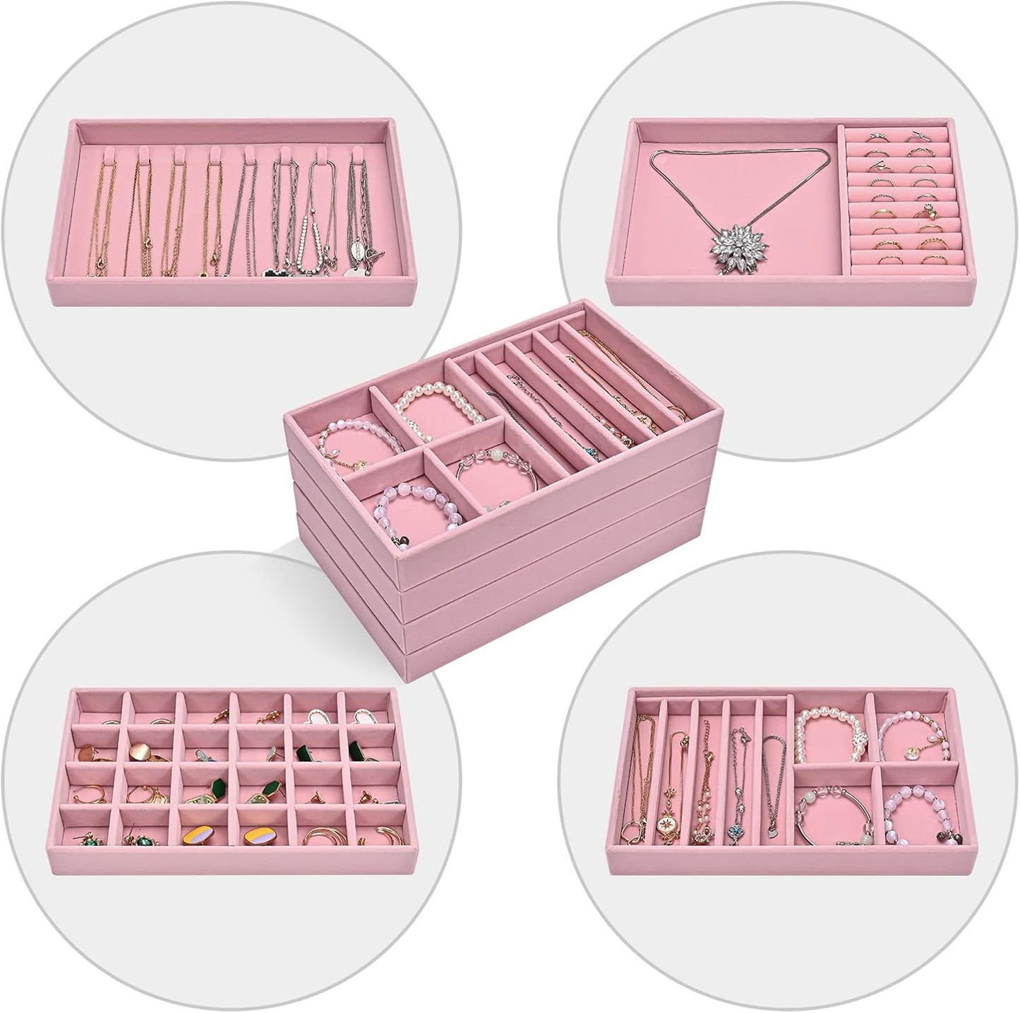 ProCase Stackable Jewelry Organizer Trays for Drawers, Jewelry Drawer Inserts Container Display Case Storage for Earring Necklace Rings Bracelet with Removable Dividers -Dustypink, 4 Layers