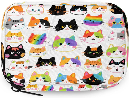 Colorful Hand Drawn Cat Pill Organizer Travel Medicine Case with Zipper Daily Vitamin Storage Bag Portable 8 Slot Weekly Pill Box Supplement Holder for Home Office Gym Travel