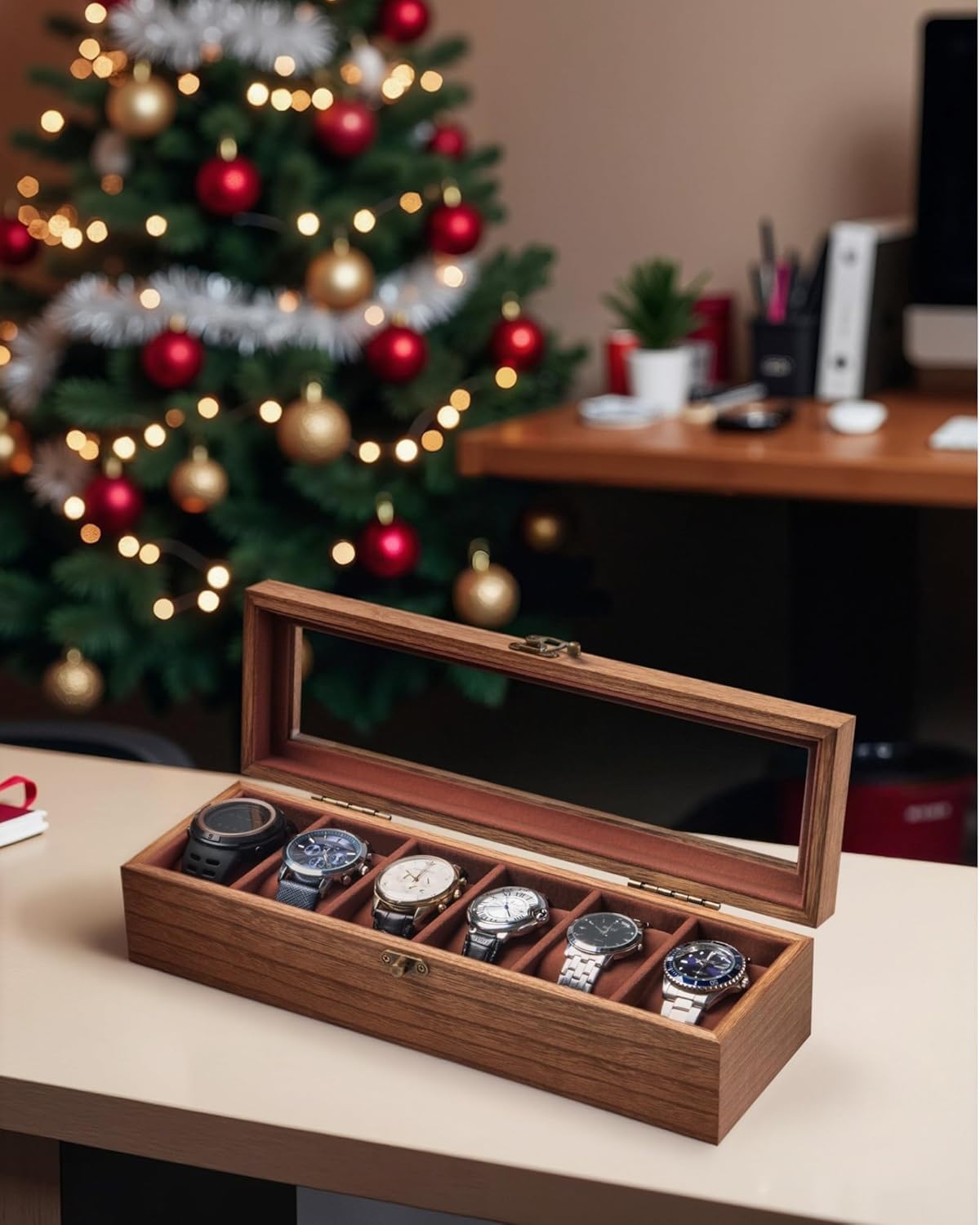 Watch Box for Men and Women - Large Glass Lid, Wooden Display Storage Case With 6 Slots, Retro Burlywood Organizer