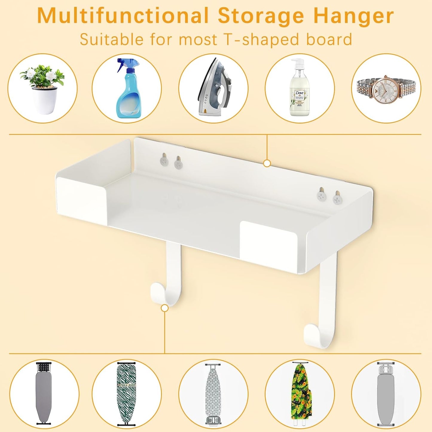 JUYSON Ironing Board Holder Wall Mount, Iron Board Storage Hanger for Laundry Rooms, Iron and Ironing Board Set Holder (White-with Shelf)