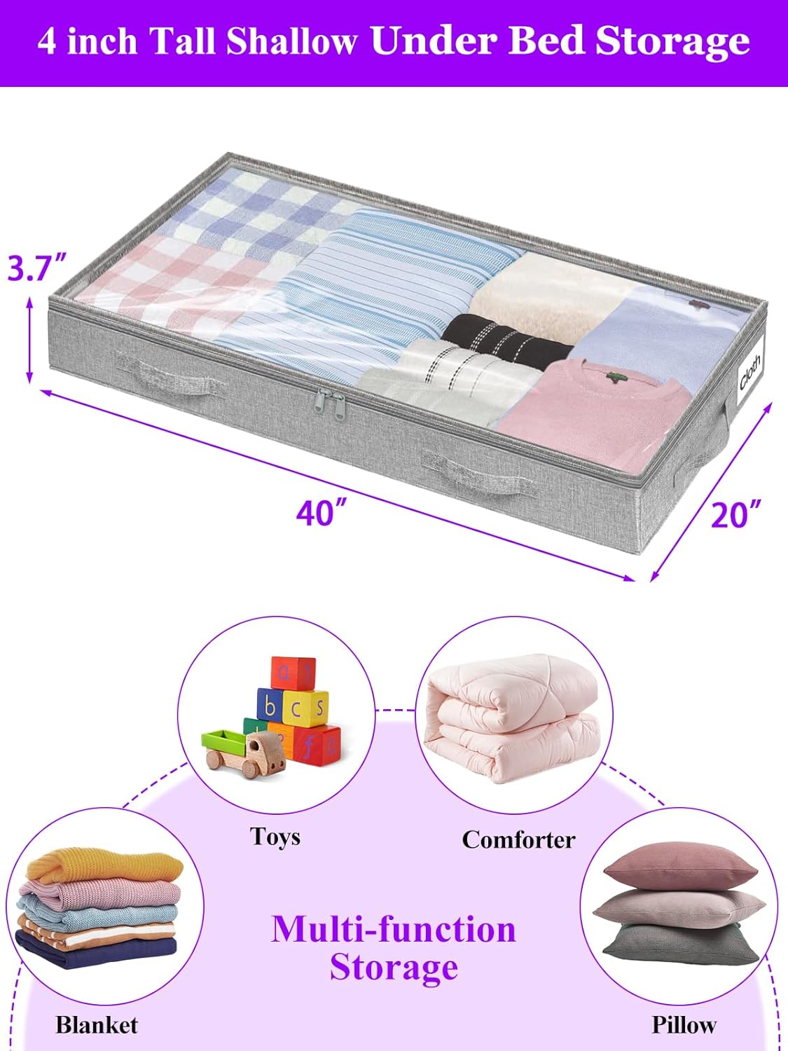 Under Bed Storage, Below 4 Inches High Underbed Storage Containers Low Profile, NO STRUCTURE, Foldable Shallow Storage Bags Bins Organizer Clothes with Clear Lid & Zipper, 2-Pack, 20x40x3.7in