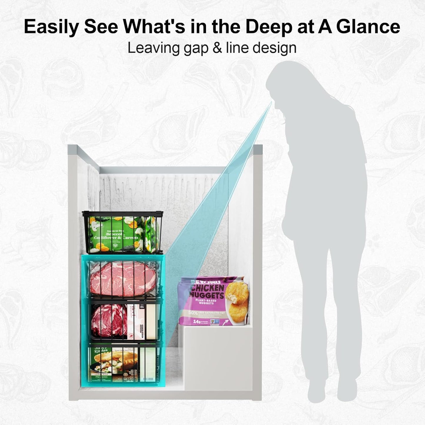 iSPECLE Freezer Organizer Bins - 4 Pack Stackable Deep Freezer Organizer Bins for 5 Cu.Ft Chest Freezer Easy Get Food from Bottom without Digging, Add Space Sort Store More Frozen Food, Black