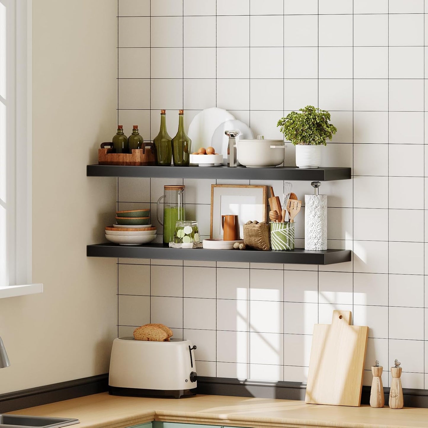 HOOBRO Floating Shelves for Wall, Wall Mounted Shelf Set of 2, 39.4" Hanging Shelf with Invisible Brackets, for Wall in Bathroom, Bedroom, Toilet, Kitchen, Living Room, Office, Black BK100BJP201