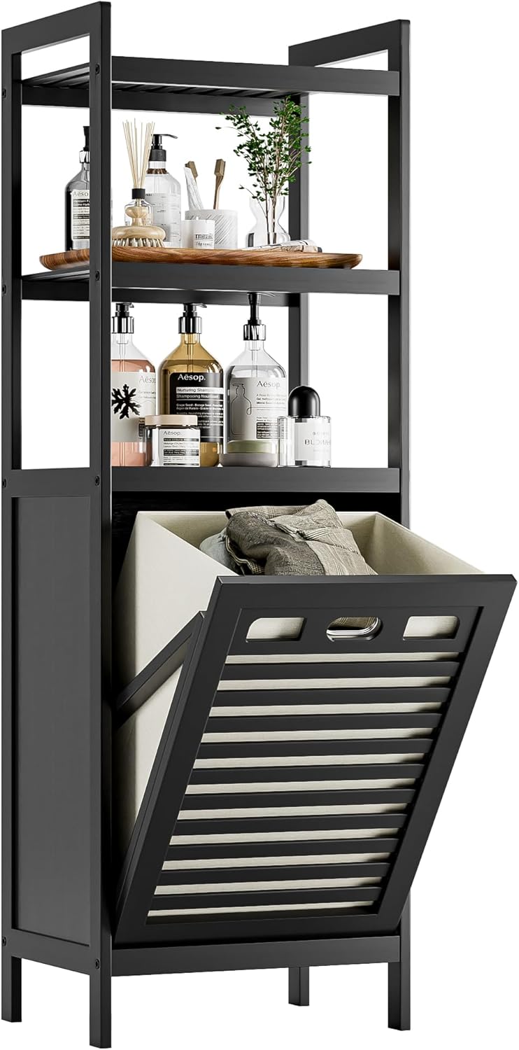 HITNET Tilt Out Laundry Hamper, Bamboo Bathroom Cabinet with Pull Out Removable Bag and 3 Tier Storage Shelves, 8.5 Gallon Clothes Basket with Metal Handle, Black