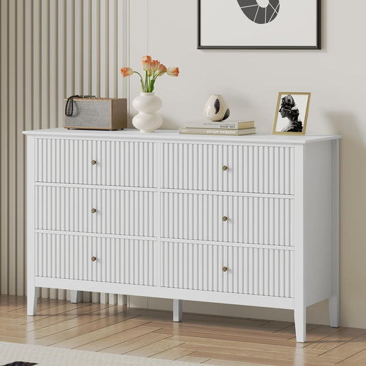 RoyalCraft White 6 Drawer Dresser for Bedroom, Fluted Painted Wood Chest of Drawers, Modern TV Stand Storage Cabinet for Living Room, Entryway, 47" W x 16" D x 32" H