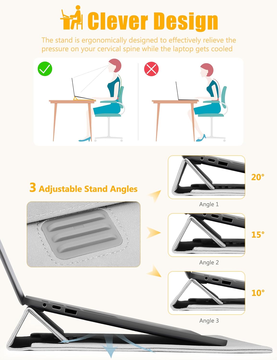 HYZUO 15 Inch Laptop Sleeve Case with Stand Feature for MacBook Air 15 M4 A3241 M3 A3114 M2 A2941 2025-2023, MacBook Pro 15, 15" Surface Laptop 7/6/5/4/3, with Carrying Pouch, Light Gray