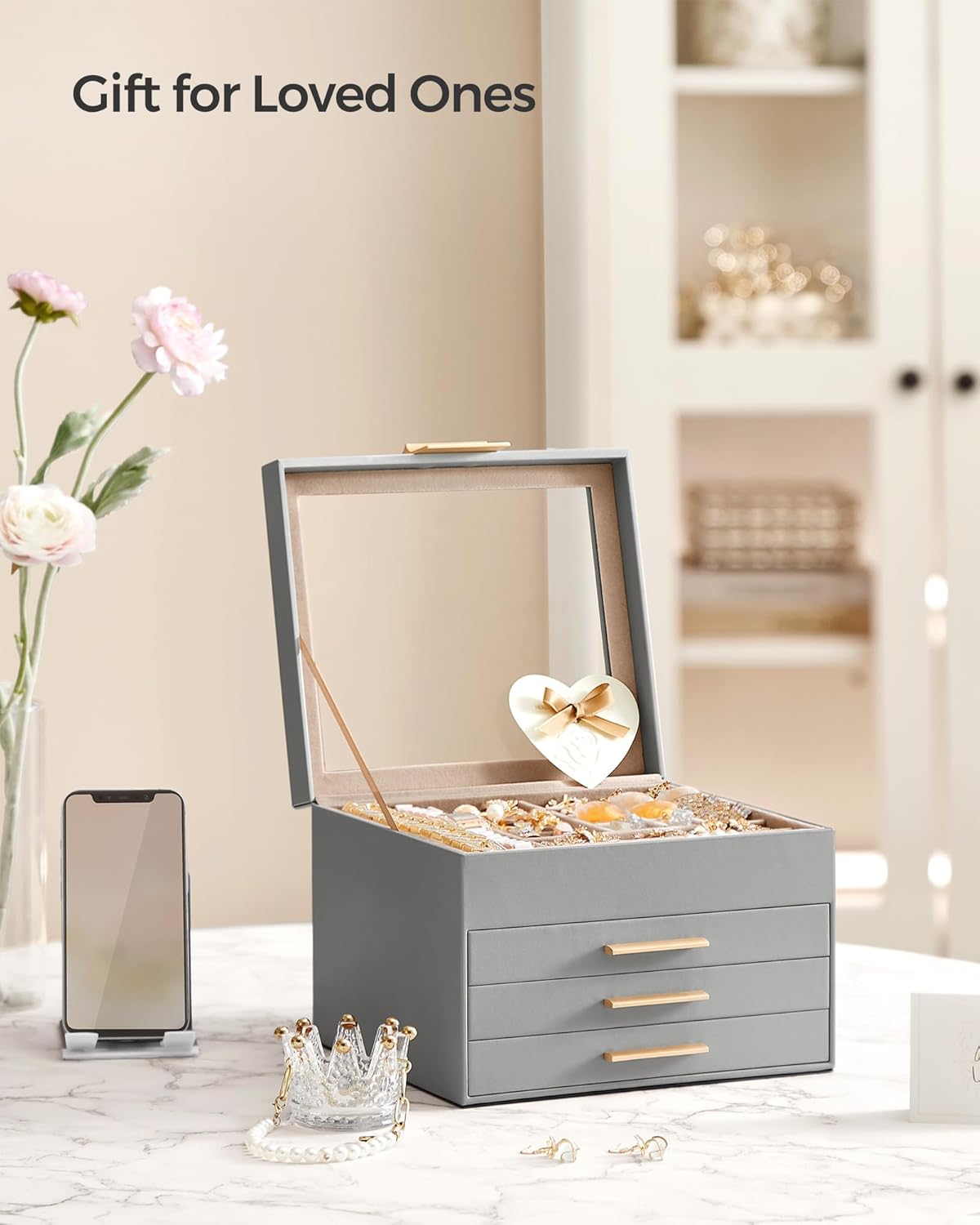 SONGMICS Jewelry Box Organizer with Glass Lid, 4-Layer Jewelry Storage, with 3 Drawers, Modern Style, Christmas Gift, 8 x 9.1 x 6.5 Inches, Dove Gray and Gold Color UJBC173G01