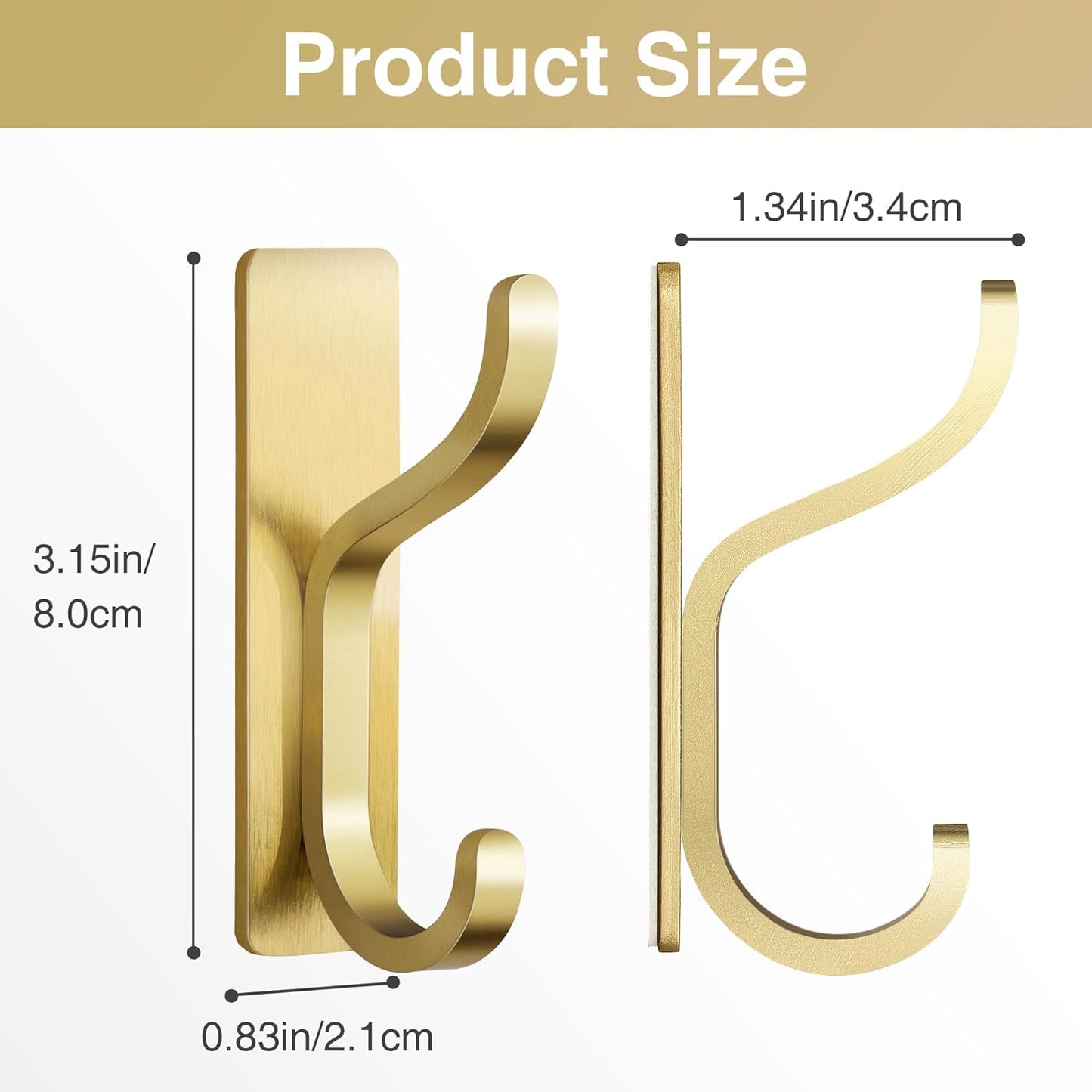 10-Pack Wall Hooks for Hanging Towels - Stainless Steel Adhesive Hook, 13LB Strong Hold, Sticky Hangers for Coats, Bags, Purses, Backpack - Bathroom, Kitchen, Door, Shower, Dorm, RV, Brushed Gold