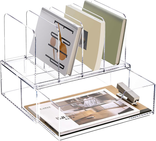 YUXUN Desk Organizer with Drawers, Acrylic File Organizer with 4 Vertical File Holders and 1 Sliding Drawer,Multifunction Desktop Accessories Storage for Home Office&School, Clear