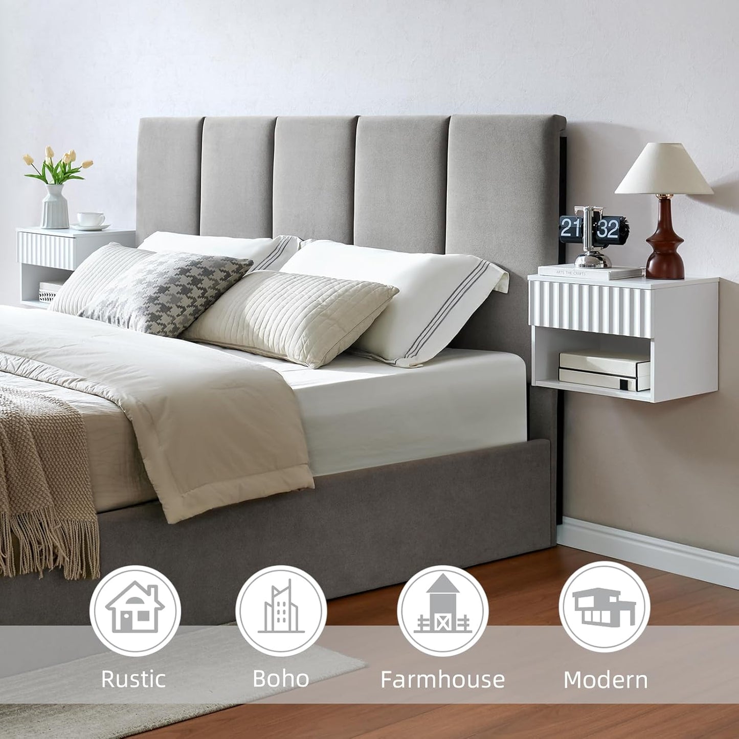 Floating Nightstand with Fluted Drawer - Modern Wall Mounted Bedside Table with Open Storage Shelf, Small Night Stand TV Stand for Bedroom(Matte White)