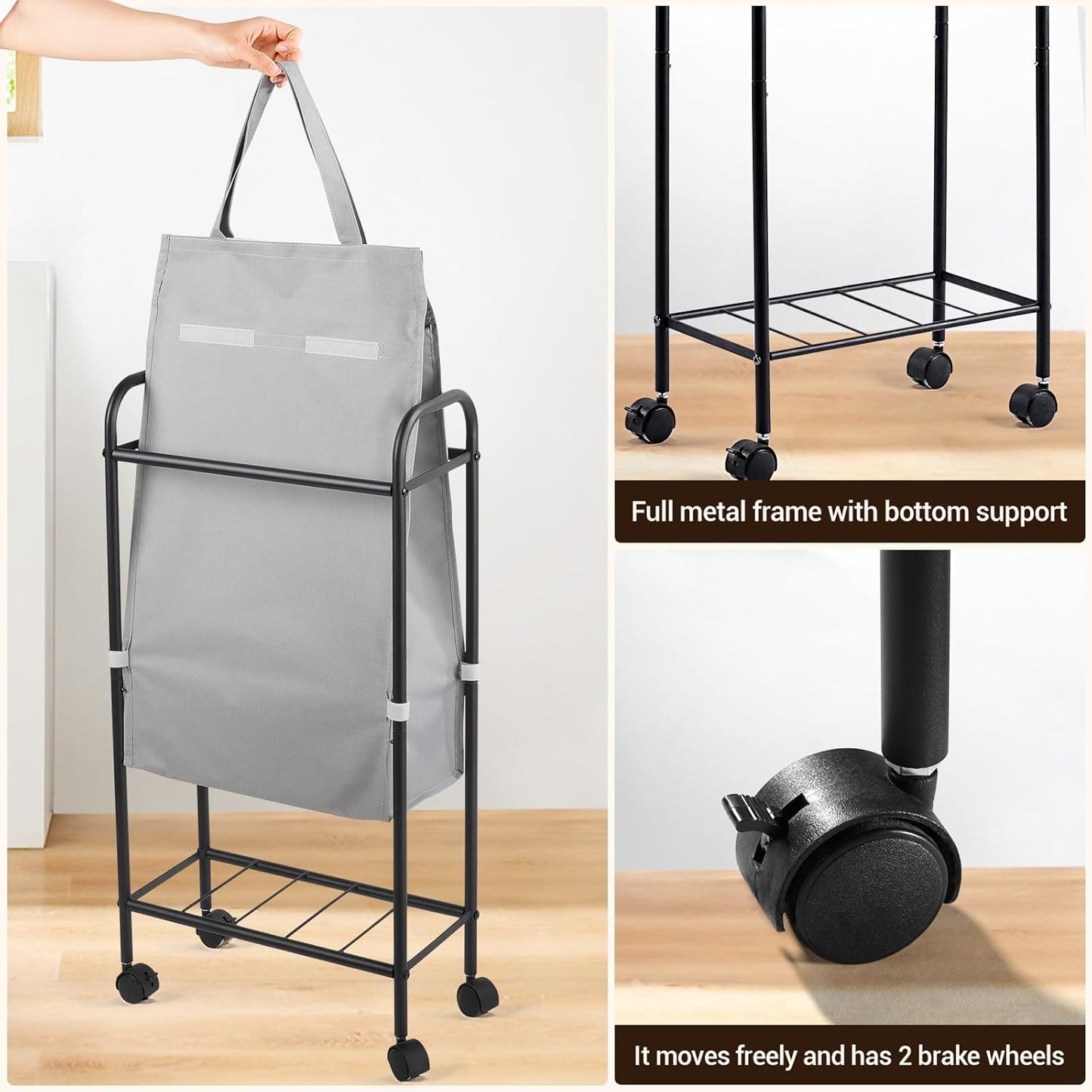 ELYKEN Slim Laundry Hamper with Lid, 50L Small Rolling Laundry Basket on Wheels, 7.9” Narrow Dirty Cloth Cart with Removable Inner Bag for Small Bathroom, Bedroom, Grey