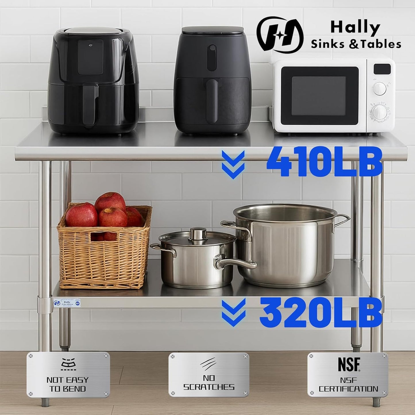 Hally Stainless Steel Table for Prep & Work 18 x 60 Inches, NSF Commercial Heavy Duty Table with Undershelf and Backsplash for Restaurant, Home and Hotel