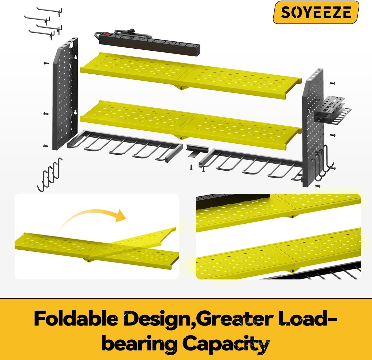 SOYEEZE Large Power Tool Organizer Wall Mount with Charging Station, 3 Layer Heavy Duty Metal Tool Storage Rack with 8 Drill Holder, Tool Holder Built in 8 Outlet Power Strip (Green)