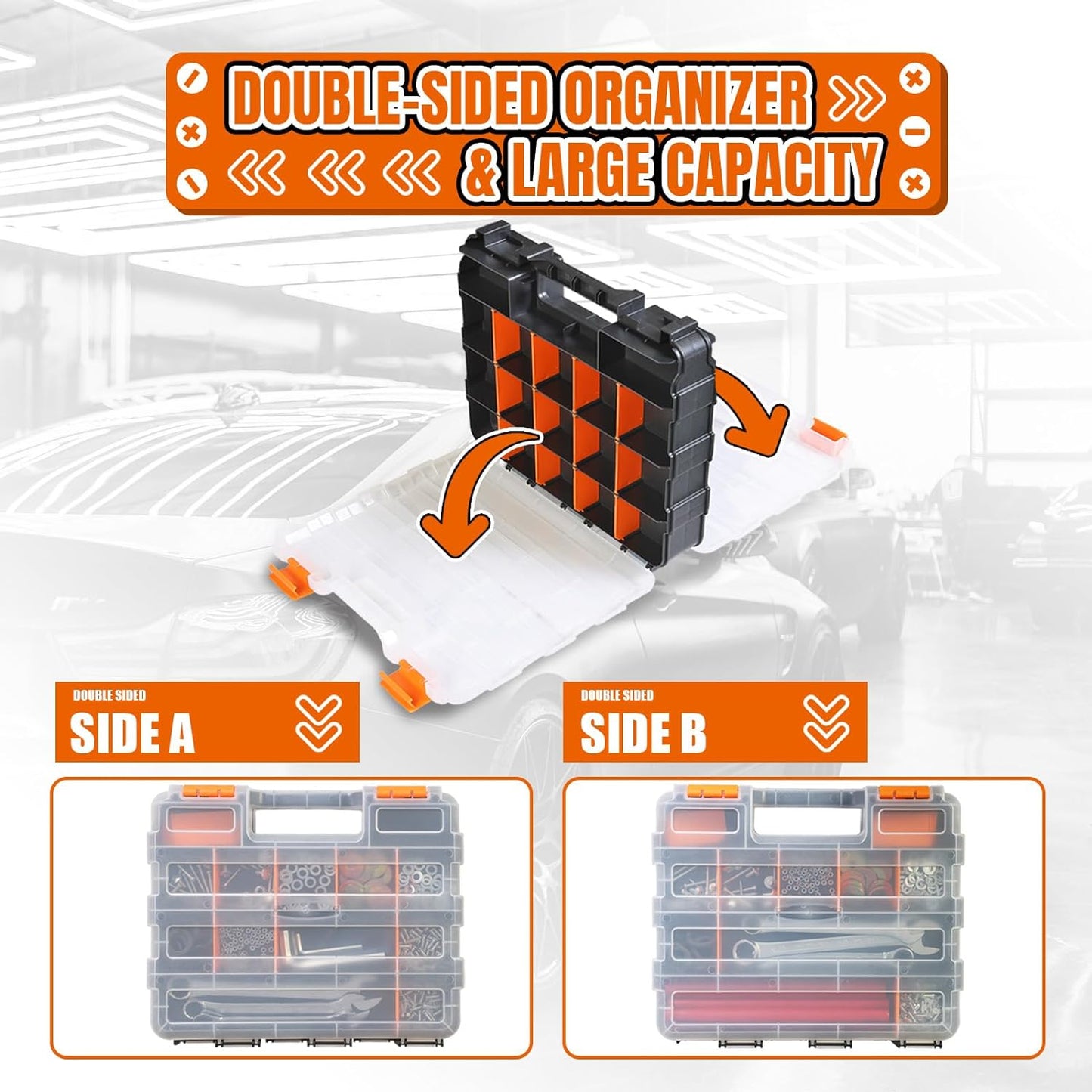 Generic Tool Box with Transparent Lid, Double Side 34-Compartments Organizer Box with Removable Dividers for Hardware, Screws, Bolts, Nails, Beads, Jewelry and Fishing Accessories, Orange, 4 Packs