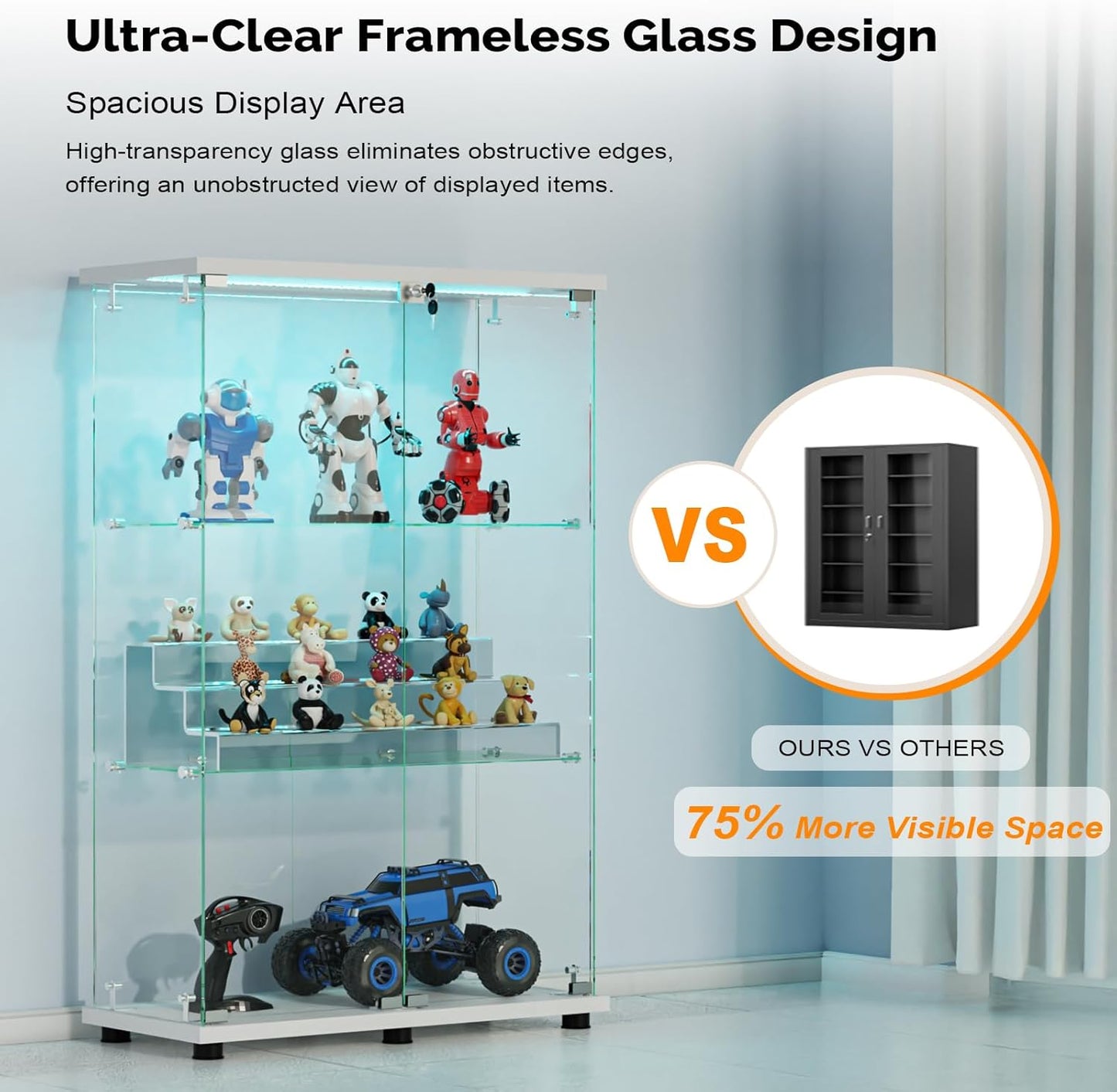 VINGLI Glass Display Cabinet with 3 Shelves, Double Doors and Lock, Floor Standing Curio Cabinets with LED Light, Upgraded Tempered Glass Bookshelf, for Living Room Living Room Bedroom Office, White