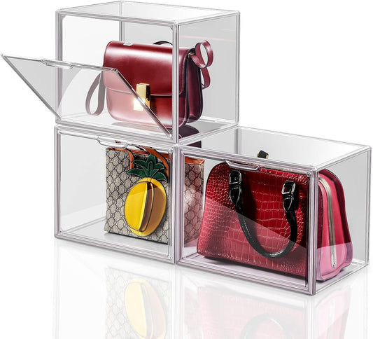 3Pack Clear Plastic Handbag Storage Organizer for Closet, Acrylic Display Case for Handbag and Purse, Purse Organizer for Closet with Magnetic Door for Book, Toys, Hat
