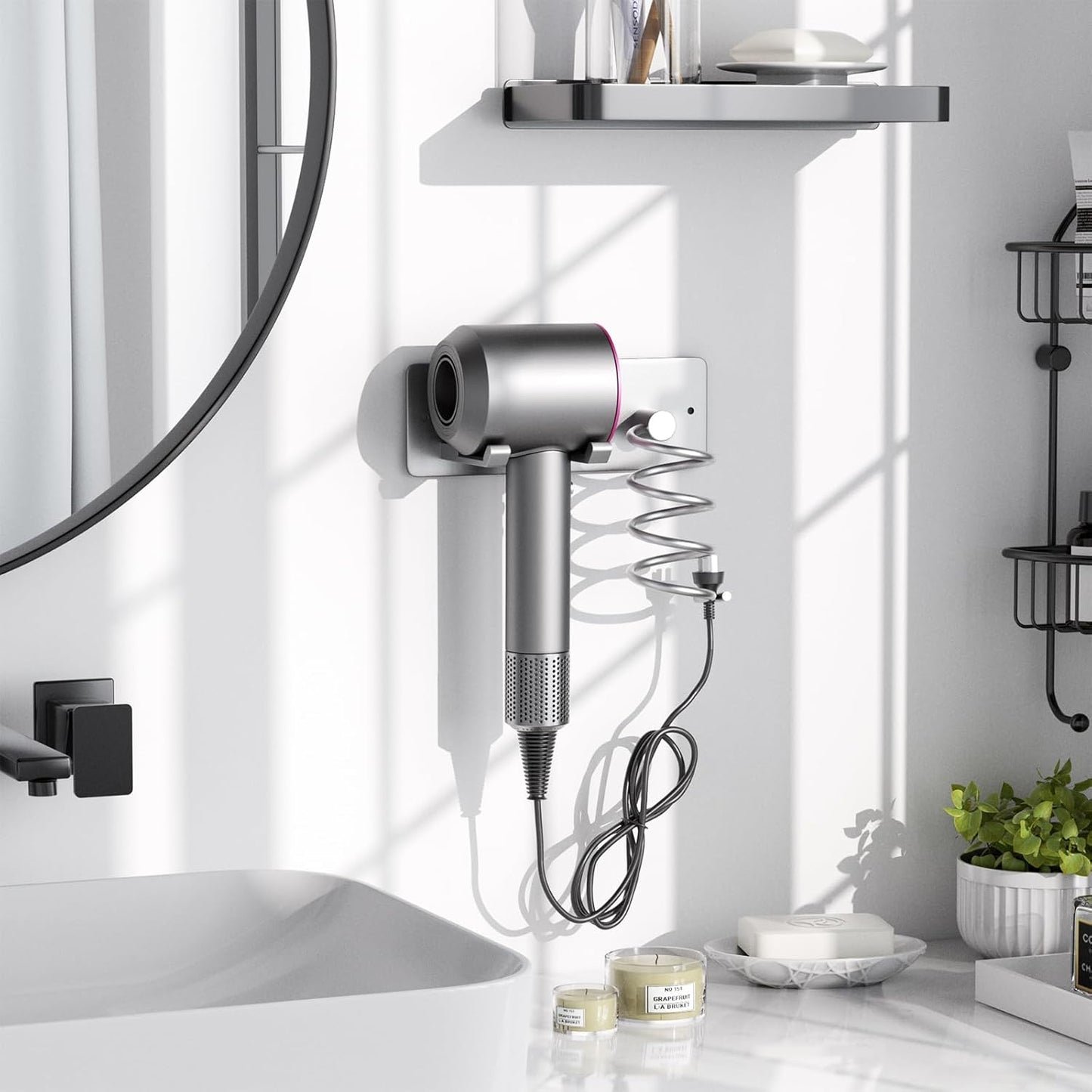 Tindbea Hair Dryer Holder + Curling Iron Holder,Blow Dryer Holder Wall Mount, Bathroom Hair Tool Organizer Rack for Universal Dryer Silver Color