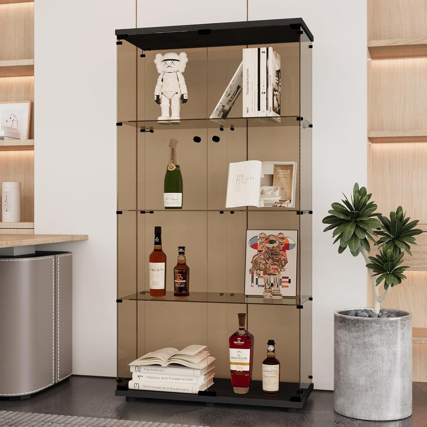 Beauty4U Glass Display Cabinet with 4 Shelves, 2 Doors Curio Cabinets for Living Room, Bedroom, Office, 5mm Brown Tempered Glass Floor Standing Bookshelf, Quick Installation