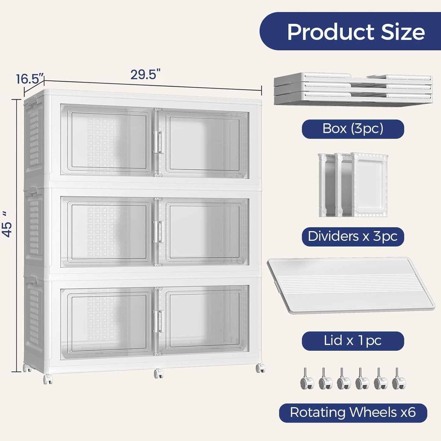 120Gal Stackable Storage Bins with Lid, 480Qt Extra Large Collapsible Storage Box with Wheels, Dividers, Folding Plastic Cabinet Closet Organizers for Home Kitchen Office Dorm, 3Pack White
