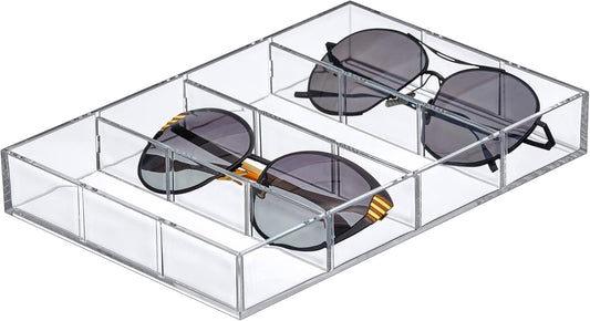 Amazing Abby - Soleil - Acrylic 4-Compartment Sunglass Organizer, Plastic Eyeglass Display Case, Transparent Jewelry Storage Tray, Clear Beauty Supply Holder, Great for Bedroom and Bathroom