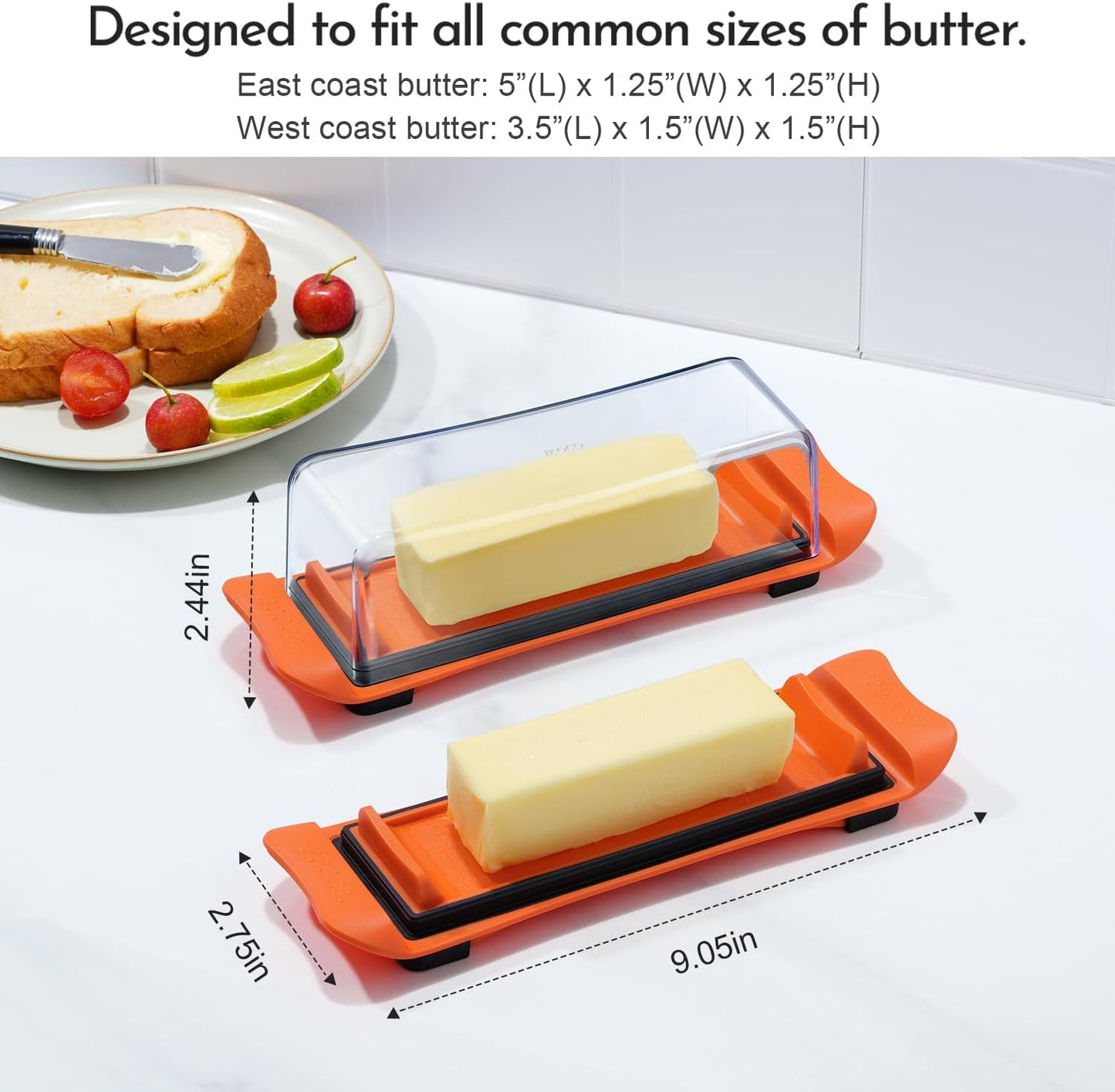 Butter Dish, IKOCO Airtight Butter Dish with Lid for Countertop and Refrigerator, Dishwasher Safe Butter Holder Container for Eastern and Western butter, Orange